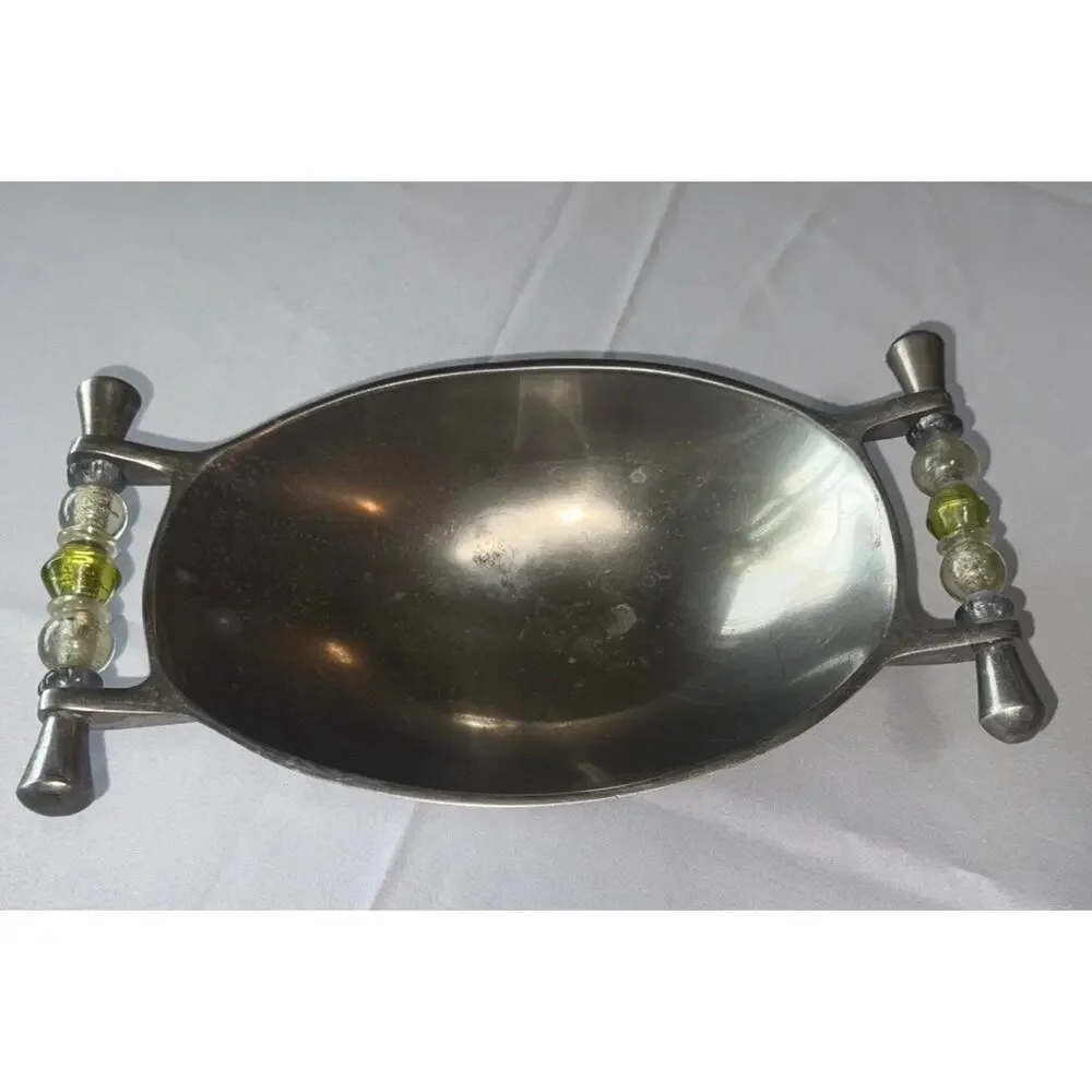 Metal Serving Trinket Bowl W/ Boho Bead Handles 12.5